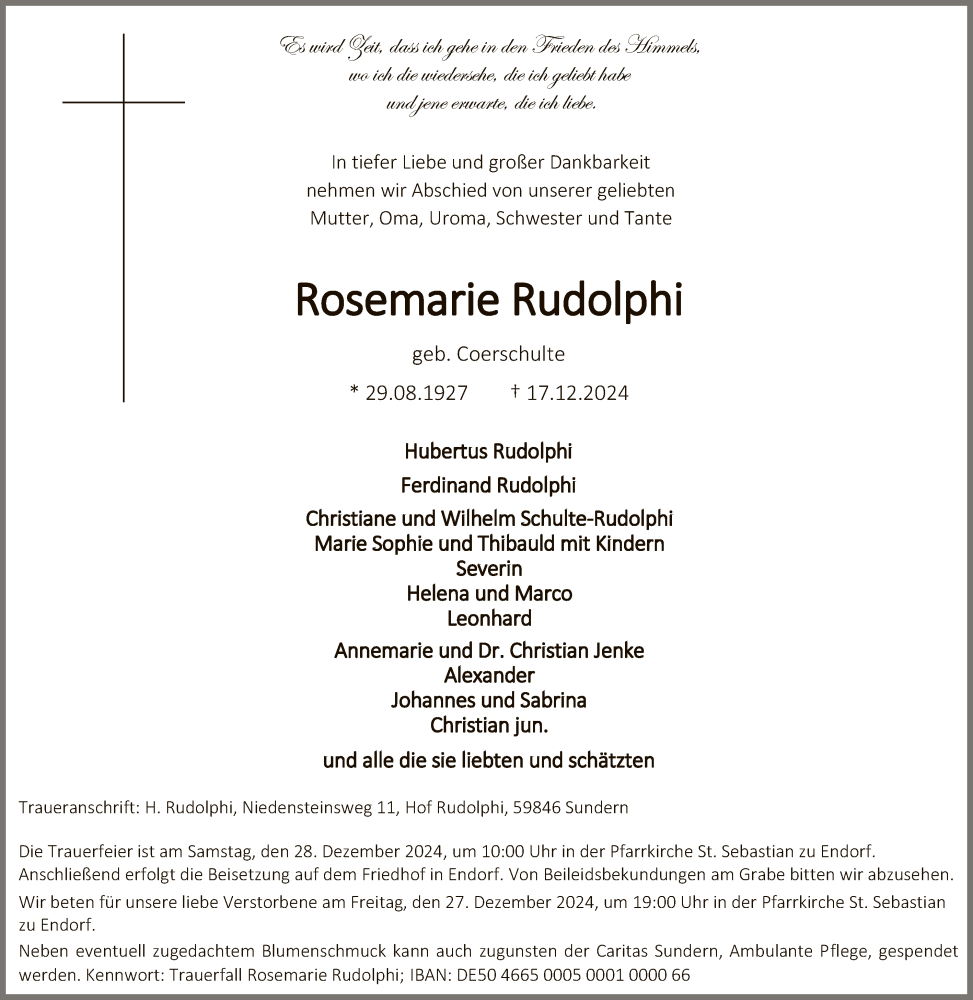  Traueranzeige für Rosemarie Rudolphi vom 21.12.2024 aus WA