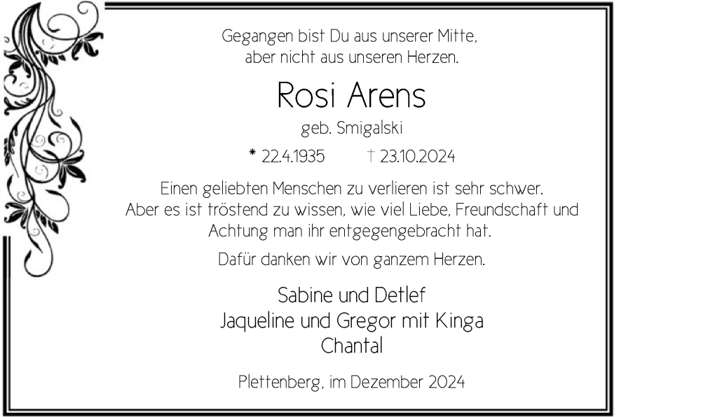  Traueranzeige für Rosi Arens vom 07.12.2024 aus WA