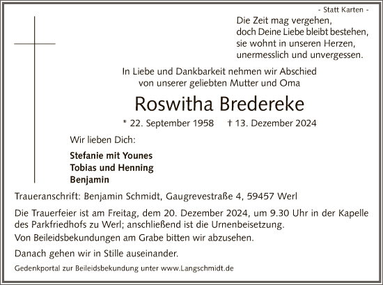 Traueranzeige von Roswitha Bredereke von WA
