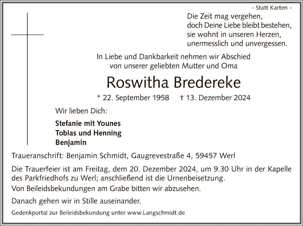  Traueranzeige für Roswitha Bredereke vom 17.12.2024 aus WA