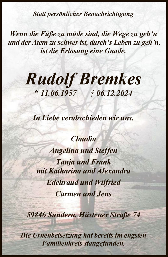  Traueranzeige für Rudolf Bremkes vom 21.12.2024 aus WA