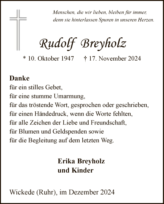 Traueranzeige von Rudolf Breyholz von WA