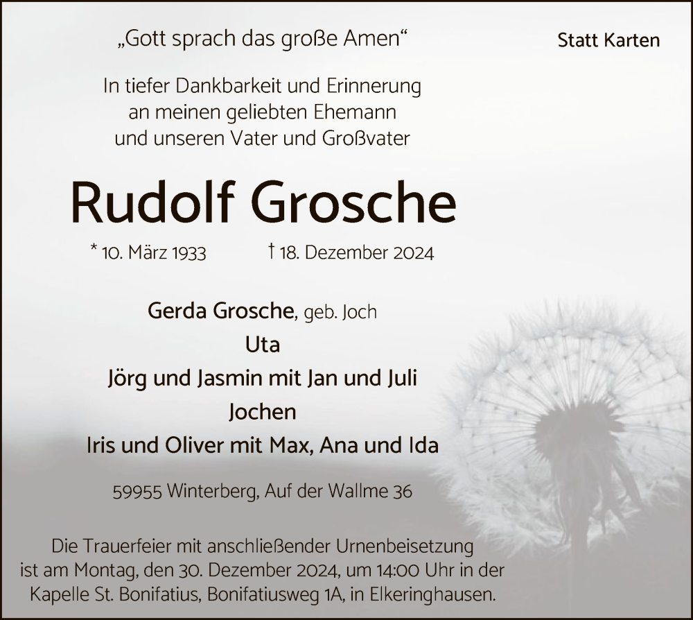  Traueranzeige für Rudolf Grosche vom 21.12.2024 aus WA