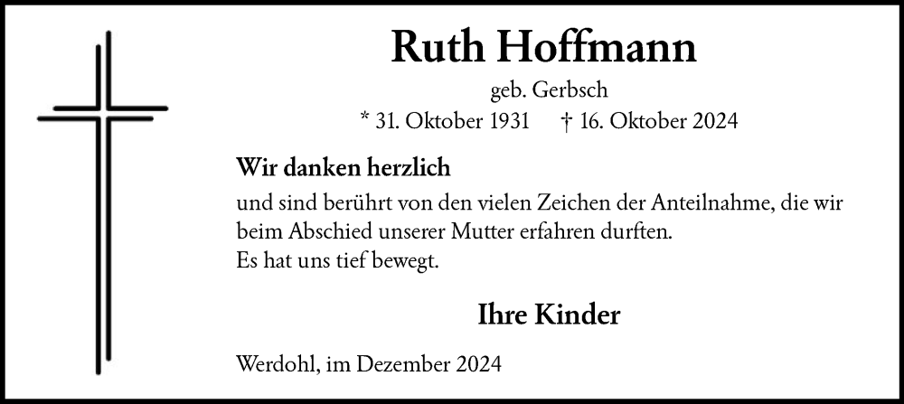  Traueranzeige für Ruth Hoffmann vom 07.12.2024 aus WA