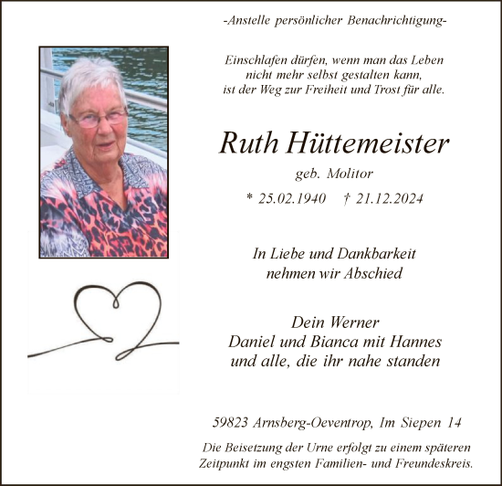 Traueranzeige von Ruth Hüttemeister von WA