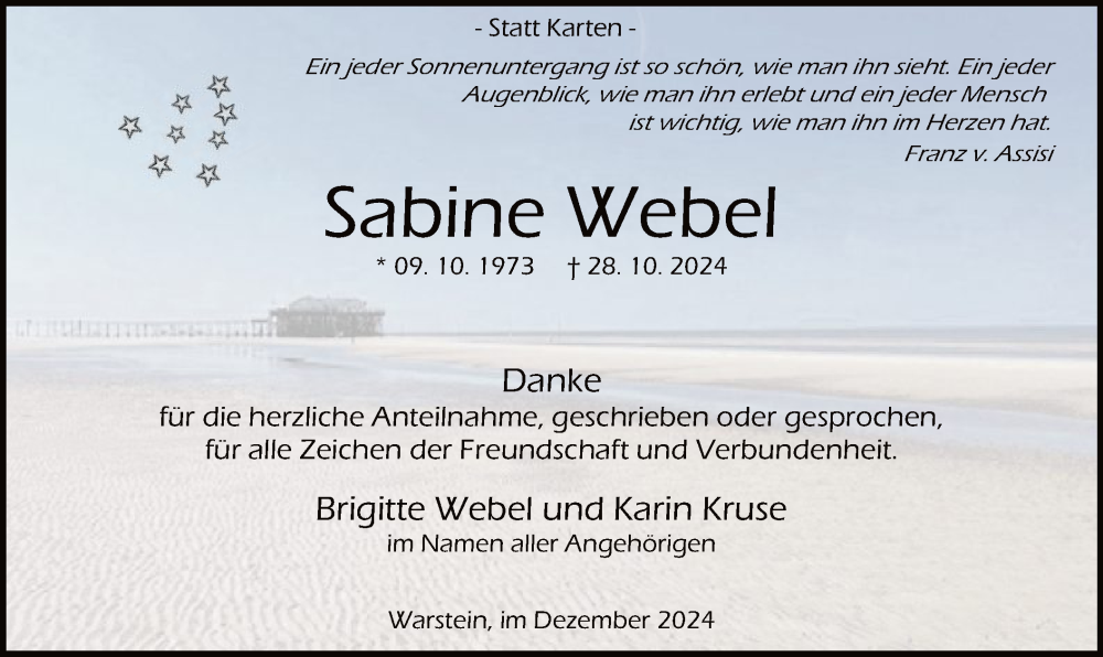  Traueranzeige für Sabine Webel vom 14.12.2024 aus WA