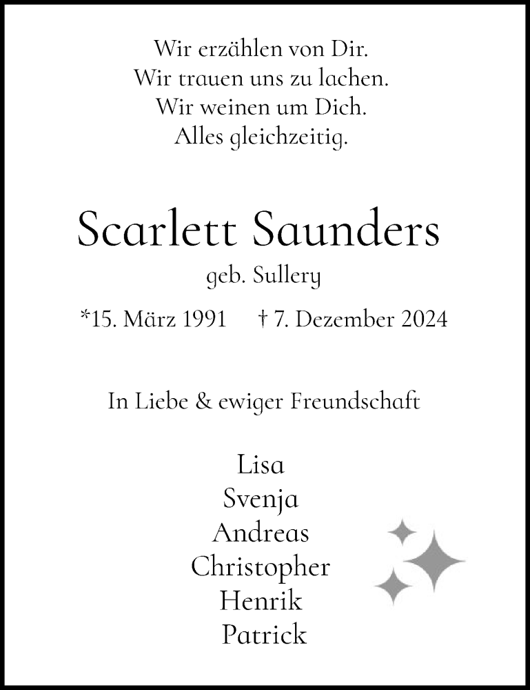  Traueranzeige für Scarlett Saunders vom 21.12.2024 aus WA