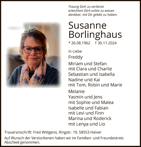 Traueranzeige von Susanne Borlinghaus von WA