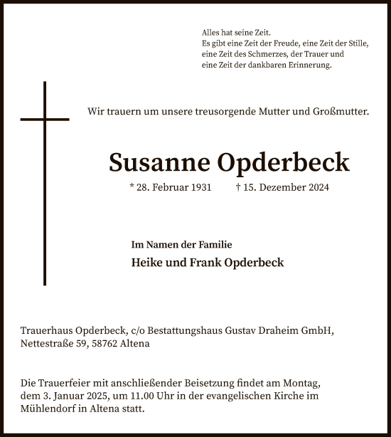 Traueranzeige von Susanne Opderbeck von WA