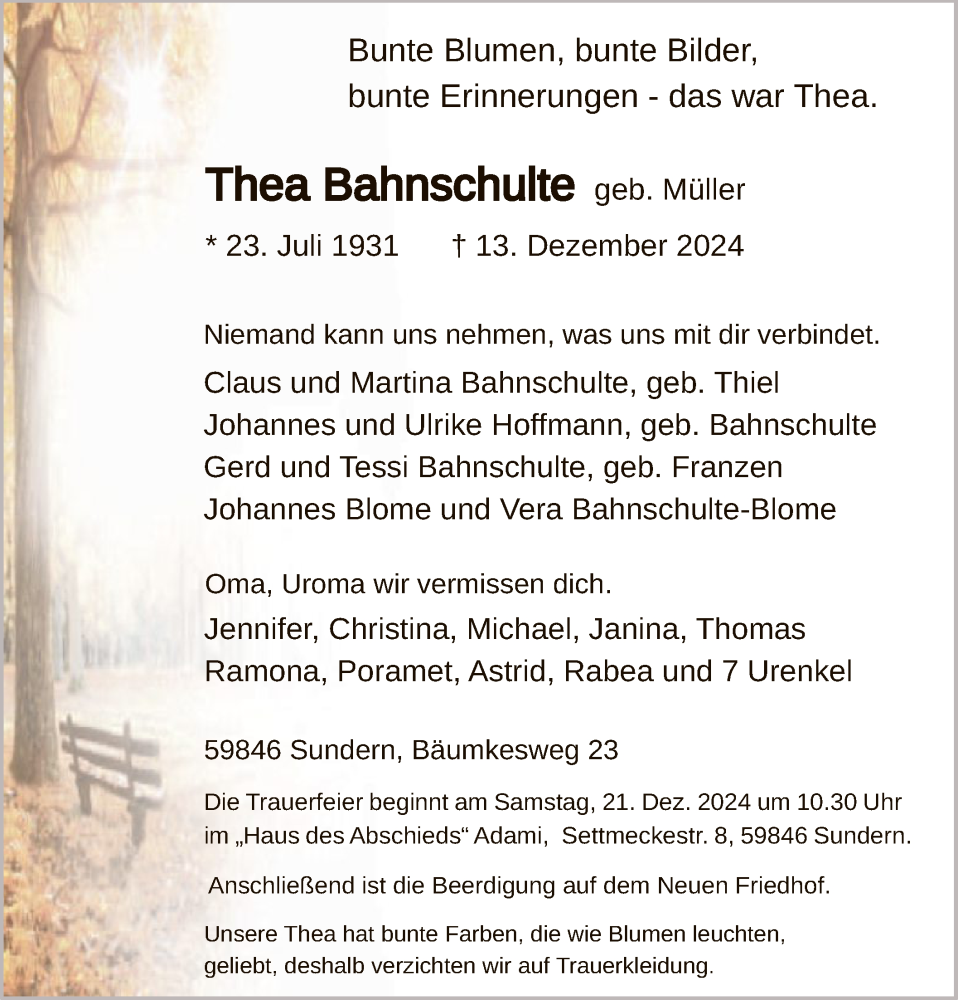  Traueranzeige für Thea Bahnschulte vom 21.12.2024 aus WA