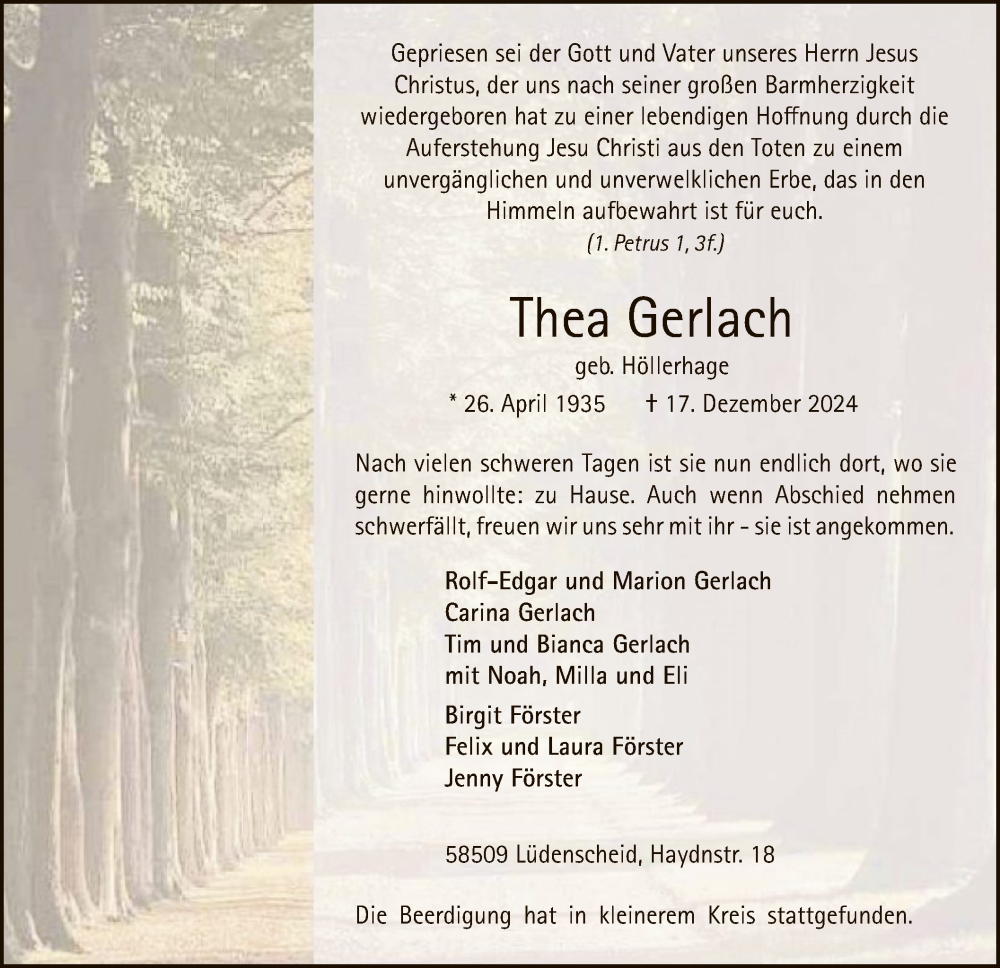  Traueranzeige für Thea Gerlach vom 28.12.2024 aus WA