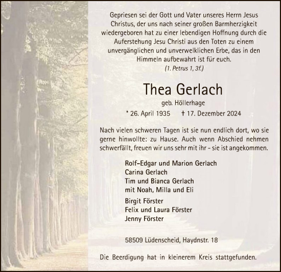 Traueranzeige von Thea Gerlach von WA