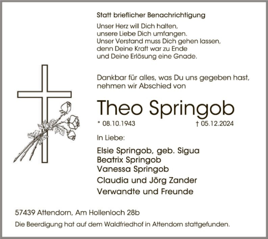 Traueranzeige von Theo Springob von WA