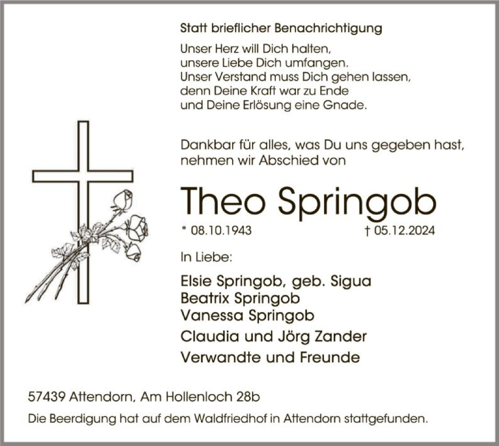  Traueranzeige für Theo Springob vom 14.12.2024 aus WA