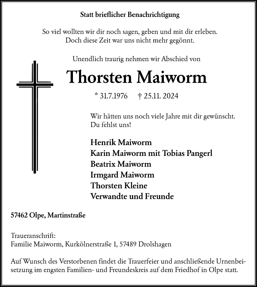  Traueranzeige für Thorsten Maiworm vom 07.12.2024 aus WA