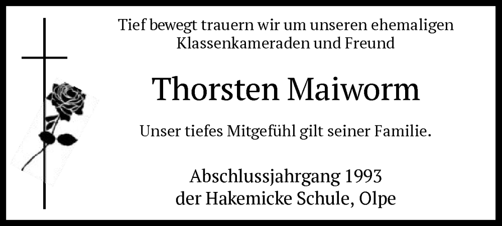  Traueranzeige für Thorsten Maiworm vom 14.12.2024 aus WA