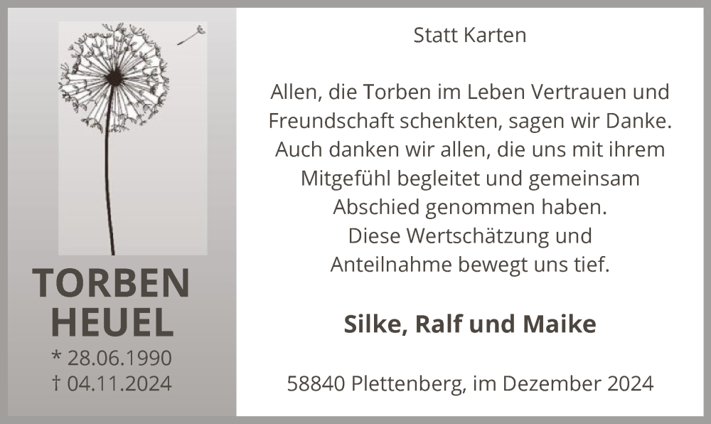  Traueranzeige für Torben Heuel vom 21.12.2024 aus WA