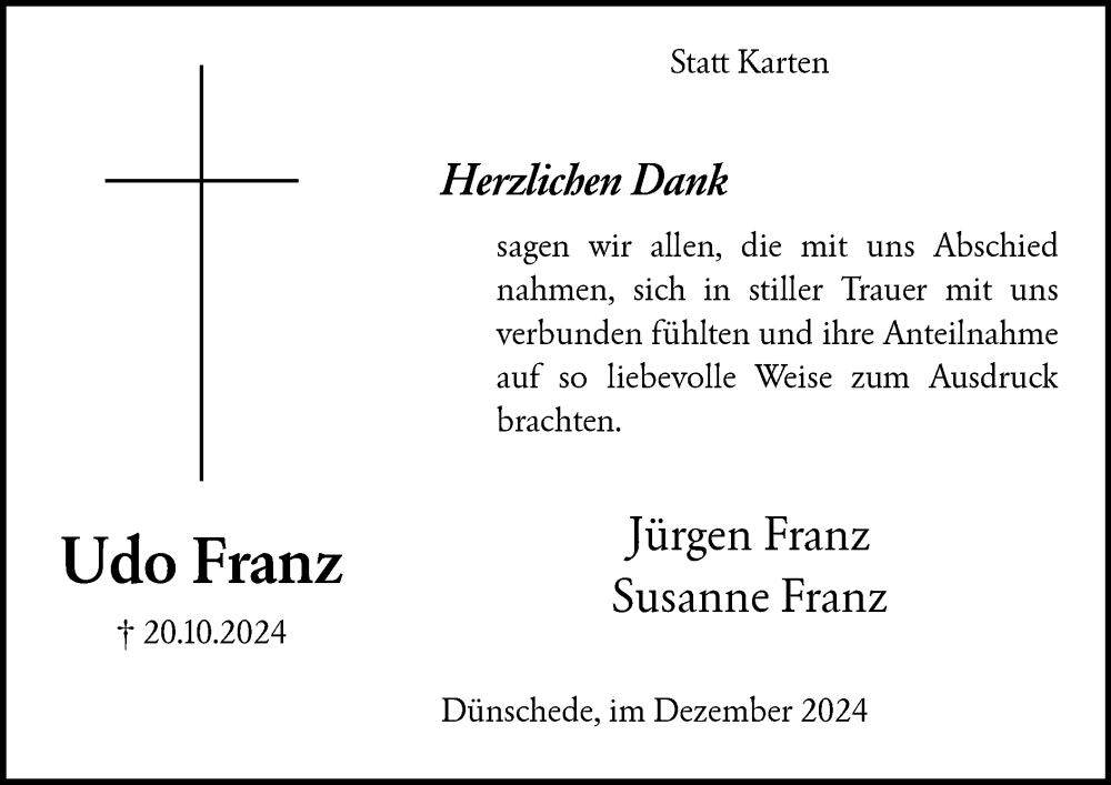  Traueranzeige für Udo Franz vom 07.12.2024 aus WA