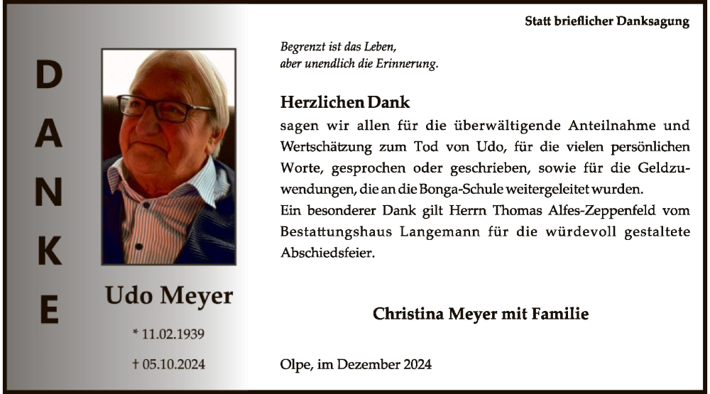  Traueranzeige für Udo Meyer vom 28.12.2024 aus WA
