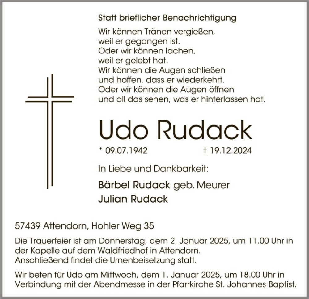  Traueranzeige für Udo Rudack vom 28.12.2024 aus WA