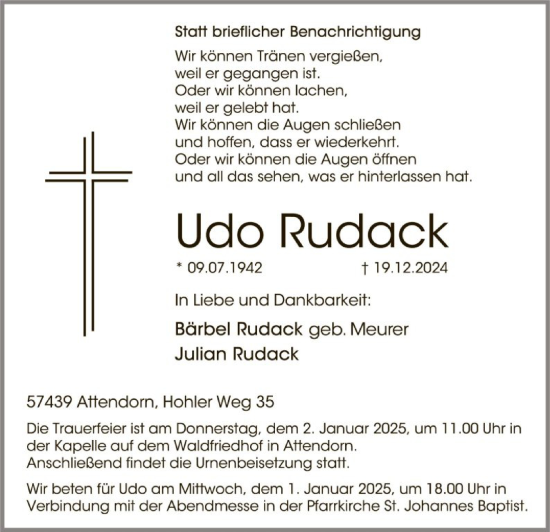 Traueranzeige von Udo Rudack von WA