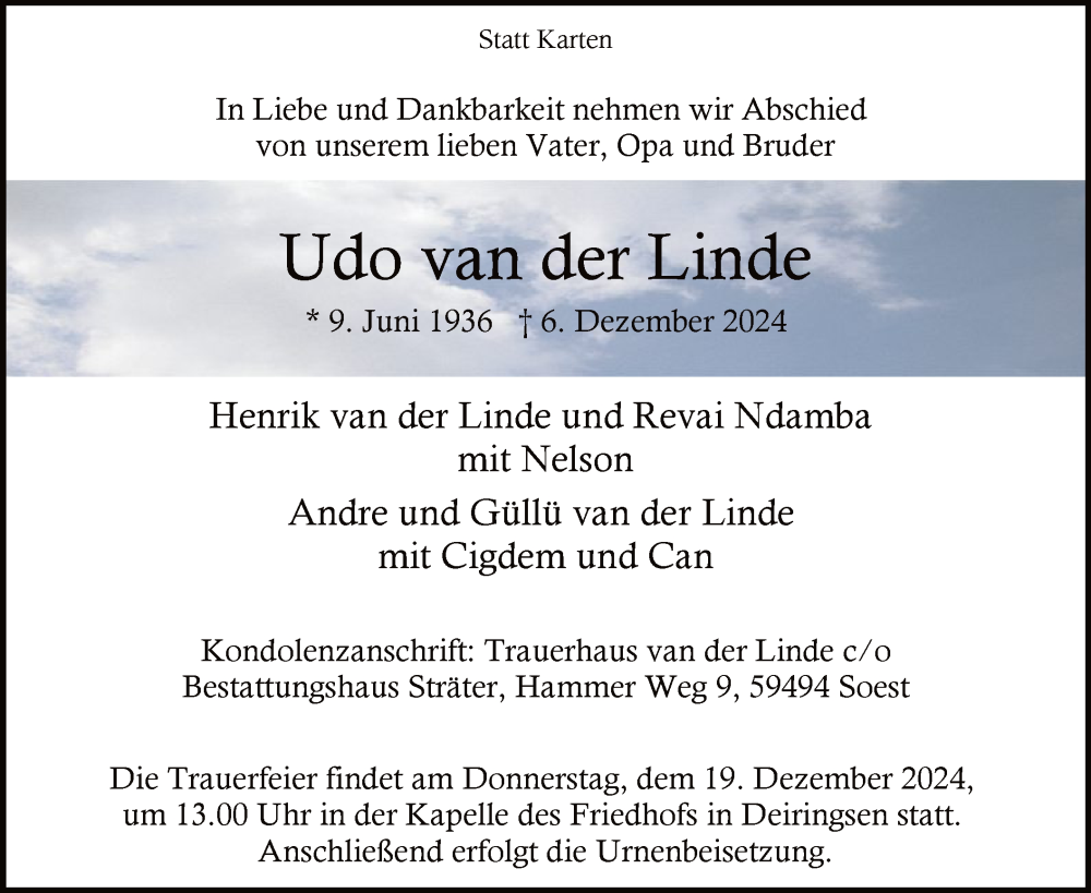  Traueranzeige für Udo van der Linde vom 14.12.2024 aus WA