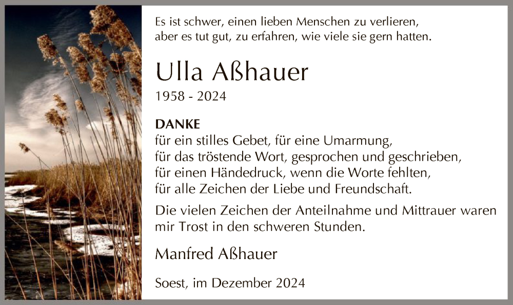  Traueranzeige für Ulla Aßhauer vom 21.12.2024 aus WA