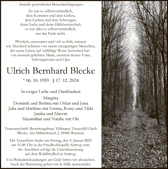 Traueranzeige von Ulrich Bernhard Blecke von WA