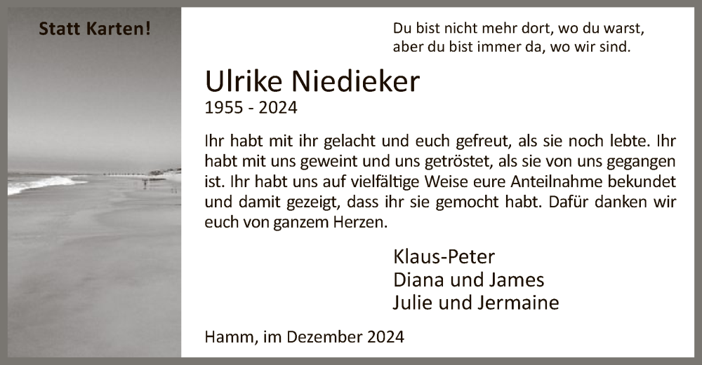  Traueranzeige für Ulrike Niedieker vom 07.12.2024 aus WA