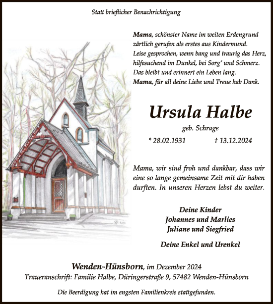 Traueranzeige von Ursula Halbe von WA