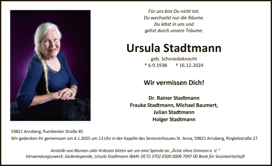Traueranzeige von Ursula Stadtmann von WA