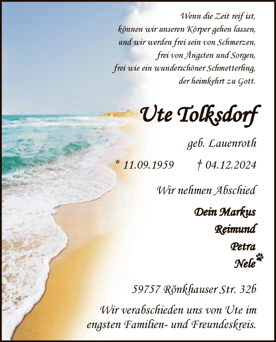 Traueranzeige von Ute Tolksdorf von WA