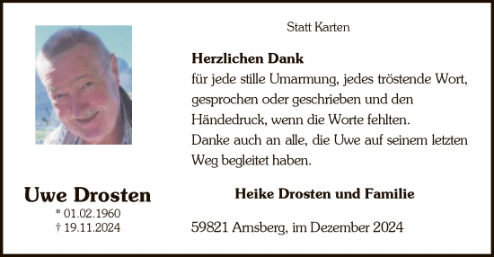 Traueranzeige von Uwe Drosten von WA