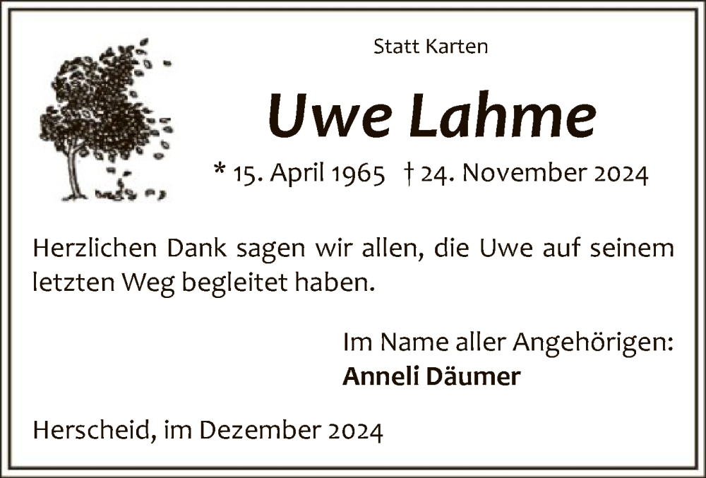  Traueranzeige für Uwe Lahme vom 21.12.2024 aus WA