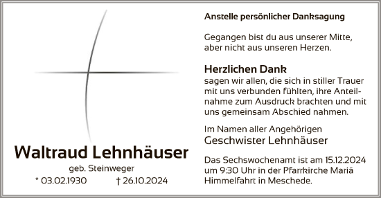 Traueranzeige von Waltraud Lehnhäuser von WAWA
