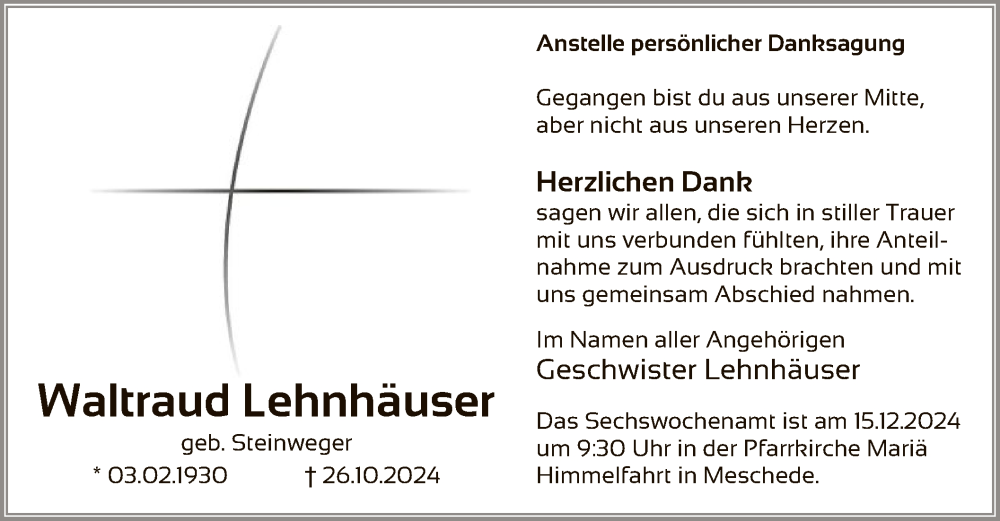  Traueranzeige für Waltraud Lehnhäuser vom 07.12.2024 aus WAWA