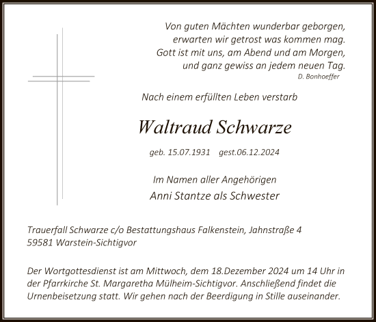 Traueranzeige von Waltraud Schwarze von WAWA