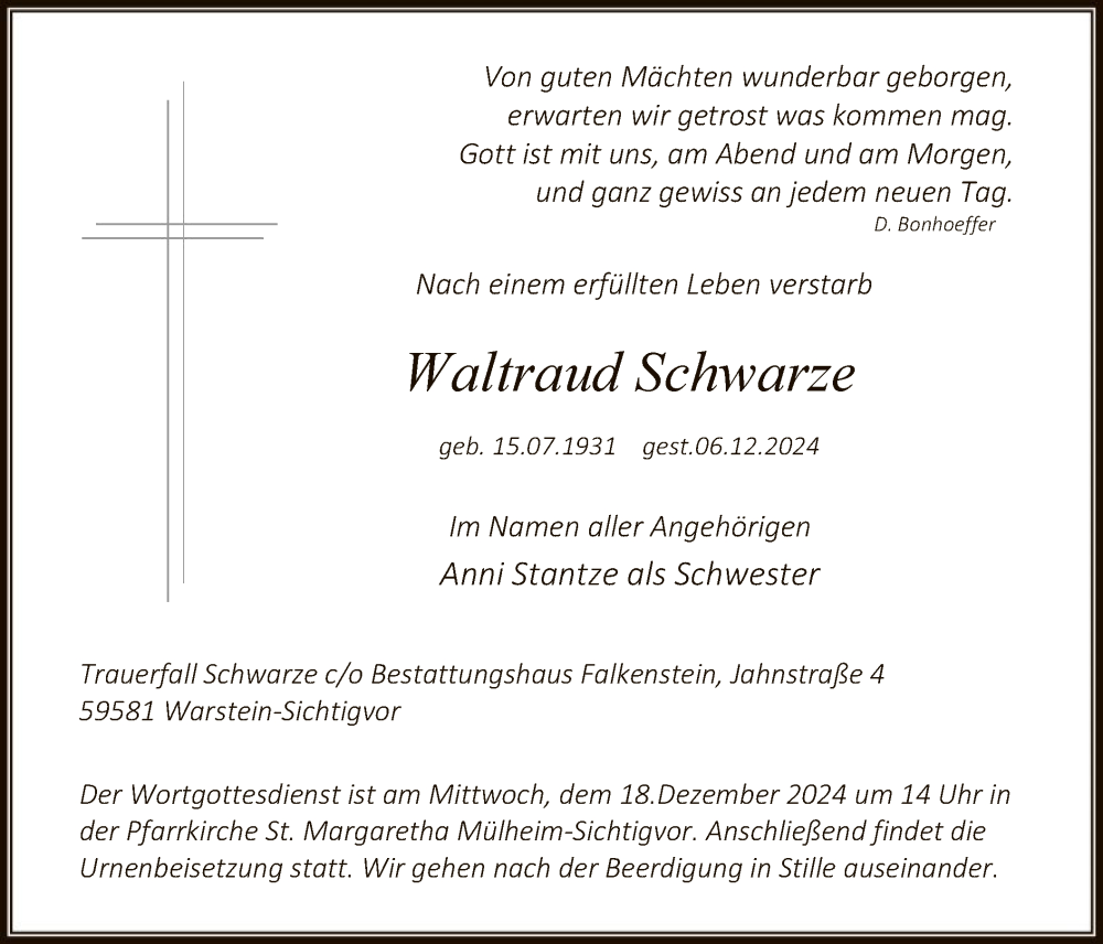  Traueranzeige für Waltraud Schwarze vom 14.12.2024 aus WAWA