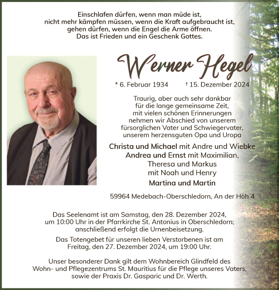 Traueranzeige von Werner Hegel von WA