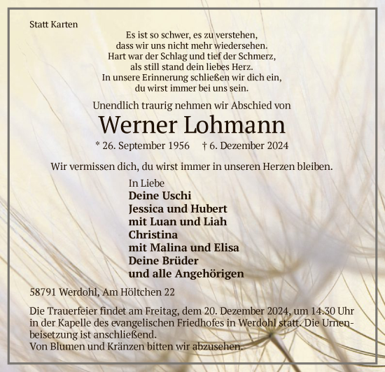 Traueranzeige von Werner Lohmann von WA