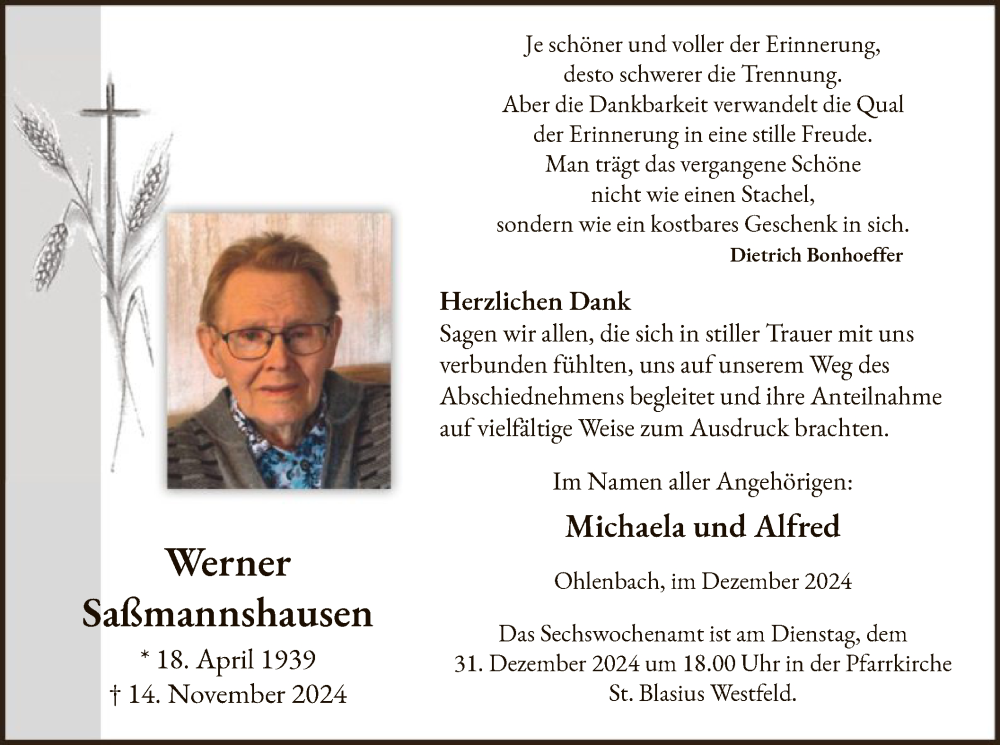  Traueranzeige für Werner Saßmannshausen vom 28.12.2024 aus WA