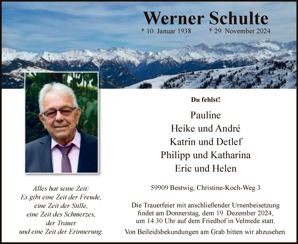  Traueranzeige für Werner Schulte vom 14.12.2024 aus WA