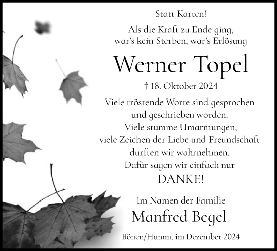 Traueranzeige von Werner Topel von WA