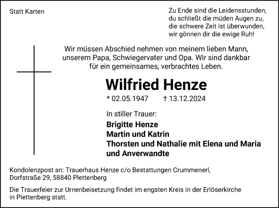 Traueranzeige von Wilfried Henze von WA