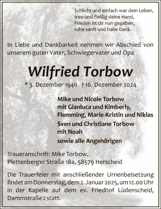 Traueranzeige von Wilfried Torbow von WA