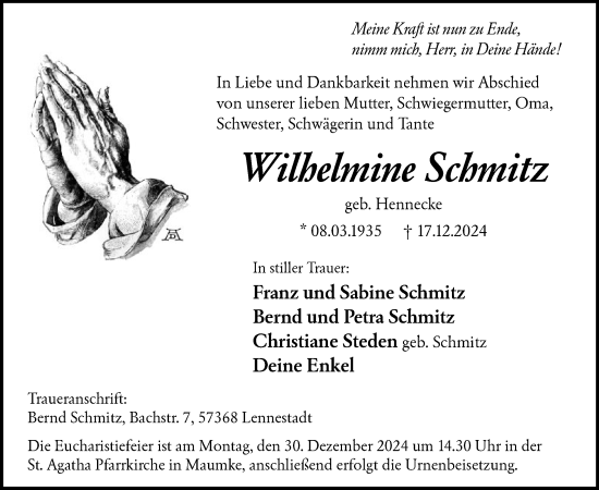 Traueranzeige von Wilhelmine Schmitz von WA