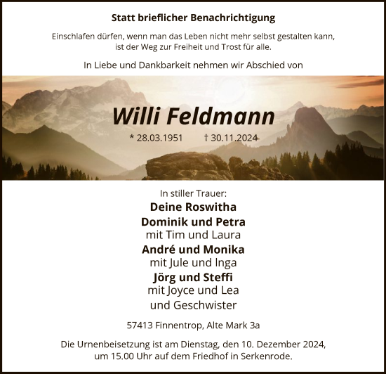 Traueranzeige von Willi Feldmann von WA