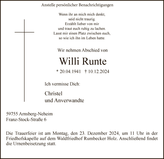 Traueranzeige von Willi Runte von WA