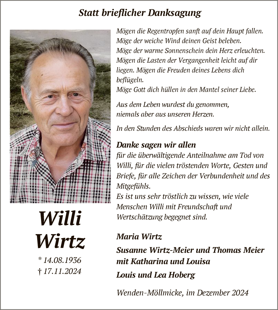  Traueranzeige für Willi Wirtz vom 28.12.2024 aus WA