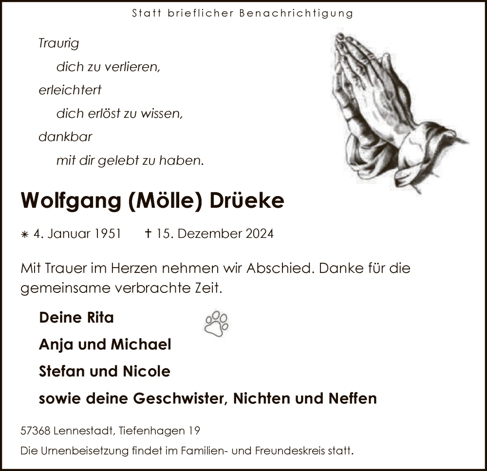  Traueranzeige für Wolfgang  Drüeke vom 21.12.2024 aus WA